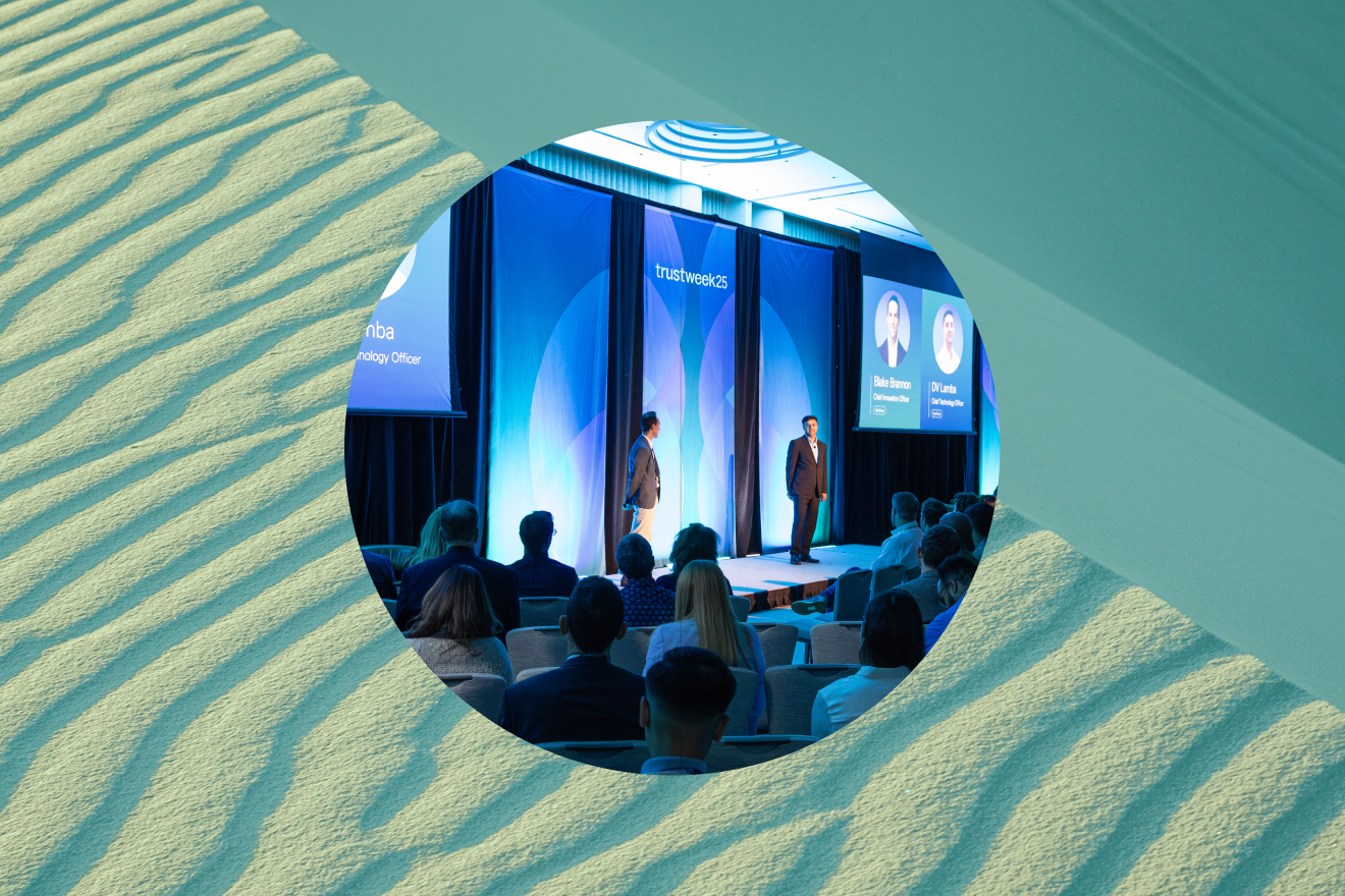 Circular photo of a presentation at TrustWeek